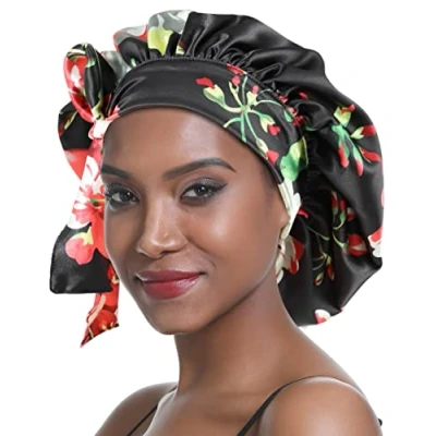 Image de SENGTERM Bonnet de Nuit en Soie Femme aux Cheveux Satin Large Bande Soyeuse élastique à Double Couche pour Femmes Noires Longs et bouclés (Black Flower)