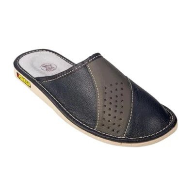 Image de APREGGIO Pantoufles Homme en Cuir Fait Main Chaussons avec Semelle Basse d&#039;Été à bout fermé Gris Noir Pointure 43 EU