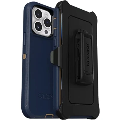 Image de OtterBox Defender Series Coque pour iPhone 14 Pro Max (Uniquement) Chaussures en Daim Bleu (Bleu), Robuste et Durable, avec Protection des Ports, Comprend Une béquille à Clip