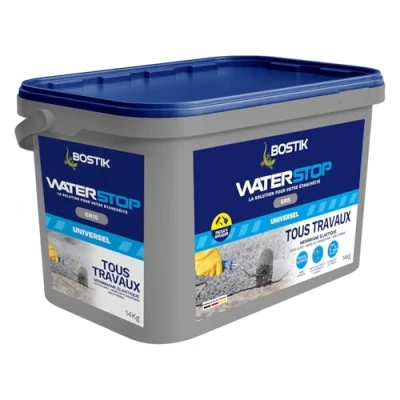 Image de Bostik Membrane d&#039;Étanchéité Waterstop Jointe, Colle, Rebouche Réparation de Fuites, Infiltrations, Fissures Tous Matériaux Directe Sans Primaire MS Polymère Gris, Seau 14kg