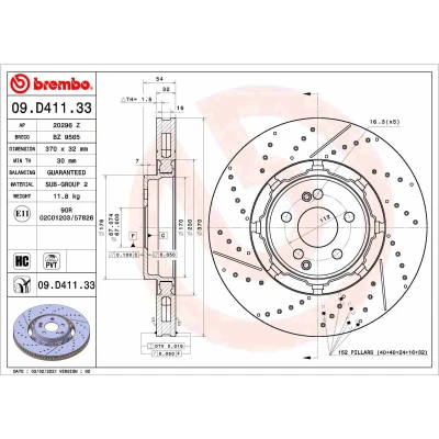 Image de BREMBO 09.D411.33 disque de frein 370 32 5 fendu/perforé, en deux parties, ventilé l&#039;intérieur revêtu à haute teneur carbone