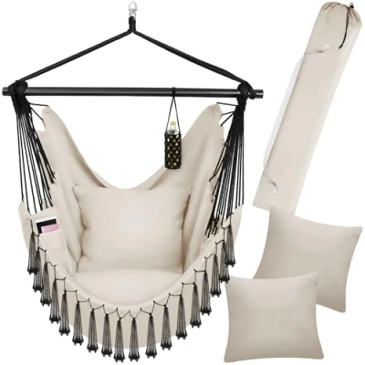 Image de tectake® Fauteuil Suspendu Hamac Intérieur &amp; extérieur, Relax, de Lecture cocooning 1 Place Balancelle, Relax Jardin, 2 Coussin Chaise Inclus Decoration Salon