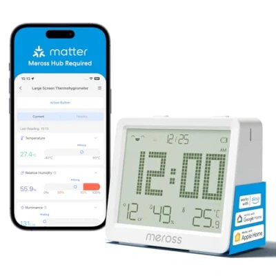 Image de Meross Thermomètre Hygromètre Connecté WiFi (SANS HUB), Moniteur de Température et d’Humidité Compatible avec Apple Home, Alexa Google Surveillance à Distance Notification d’Alarme