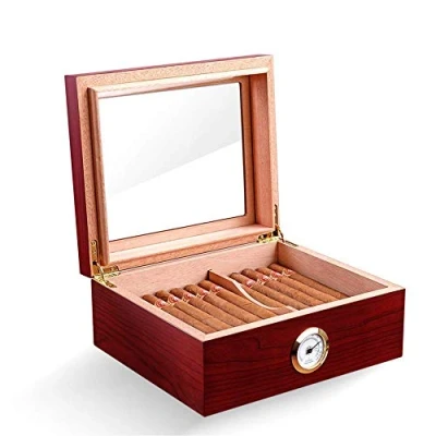 Image de PIPITA Bureau en Verre trempé humidificateur de Cigare avec hygromètre et montés à l&#039;avant, boîte Rangement doublée Peut Contenir Jusqu&#039;à 25 50 Cigares (Rouge)