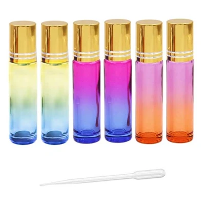 Image de JamHooDirect Lot de 6 flacons à bille vides rechargeables en verre pour huiles essentielles 10 ml avec boules acier inoxydable et bouchons dorés, comprend des étiquettes, un compte gouttes