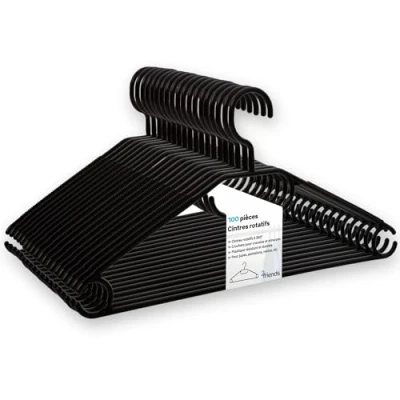 Image de Lot de 100 cintres noirs, peu encombrants et robustes, avec crochets pivotants à 360 , multifonctions en plastique qualité supérieure, antidérapants, % matériaux recyclés, fabriqués