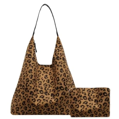 Image de Sac Porté Épaule Femme en Daim Cuir Souple Fourre Tout Rétro Grande Capacité a Main Hobo Bandoulière avec Fermeture Éclair 2Pcs Set (Imprimé Léopard Marron)