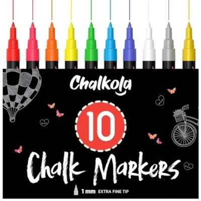 Image de Liquid Chalk Pens (10 Pack) with Gold &amp; Silver Extra Fine Tip Dry Erase Marker for Blackboard, Windows, Chalkboard Signs, Bistro 1mm
