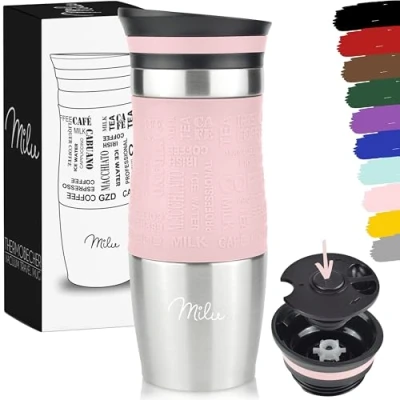 Image de Milu Mug Isotherme Etanche 370ml, 450ml I Thermos café thé Tasse Isolée pour et à emporter, Double Paroi sous Vide, Acier Inoxydable de voyage Chaud &amp; froid (370ml, Rose)