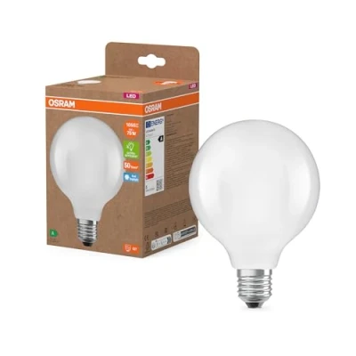 Image de OSRAM en forme de globe classique, avec filament LED décoratif, classe d&#039;efficacité énergétique A, E27, 5 W, 1055 lm, 6500 K, blanc lumière du jour. Sans échauffement, 100% d&#039;éclairage immédiat.