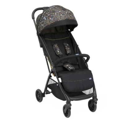Image de Poussette légère CHICCO Glee, pratique et légère, fermeture automatique, siège large confortable, roues de haute qualité, dossier réglable, canopy solaire, jusqu&#039;à 22 kg, noir à motif