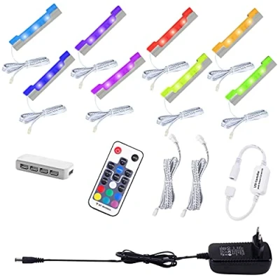 Image de AIBOO LED RGB Vitrine Lumière, Kit Éclairage D&#039;étagère en Verre avec Télécommande RF, Lampes à Clip Longues Intensité Variable, Bandes Ultra Fines pour Le Comptoir de La Cuisine(Paquet 8)