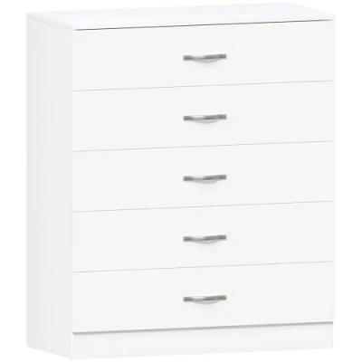 Image de Vida Designs Commode à 5 tiroirs avec poignées et glissières en métal, système de soutien anti déformation unique, meuble chambre Riano, Blanc