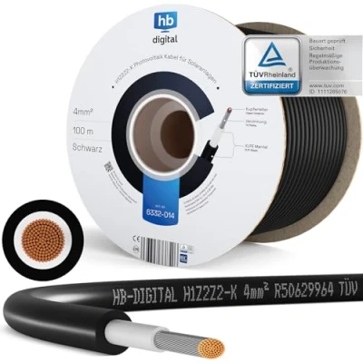 Image de hb digital 100m Câble solaire 4 mm2 H1Z2Z2 K Certifié TÜV Rheinland aux UV Flexible En cuivre pur 1500 V d&#039;extension photovoltaïque pour panneau régulateur noir