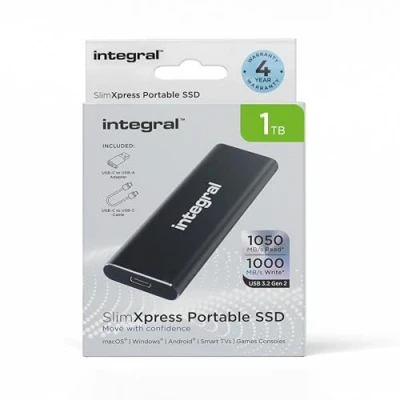 Image de Integral SSD Externe Portable SlimXpress 1TB USB &amp; C 3.2 Gen 2 Vitesses de Lecture 1050 Mo/s / 1000 en écriture, Aluminium, Plug Play. Compatible Mac, PC, Xbox Playstation