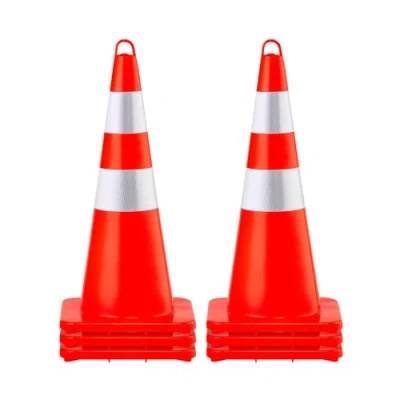 Image de VEVOR Cône Signalisation Réfléchissant 73 cm, Plot de Chantier en PVC, Sécurité avec Base Lestée et Anneau Portatif pour Délimitation Stationnement d’Urgence Route Parking, Orange Argent