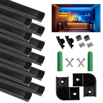 Image de Profilé Aluminium LED, 12 x 1Mètre U Shape Profilés en Aluminium, Canaux et Diffuseurs LED avec Couvercle PC Accessoires Complets, Compact Finition Professionnelle pour Ruban (Noir U)