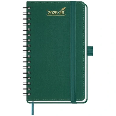 Image de BEZEND Petit Agenda 2025 2026 de Poche Spirale 15,5 x 9 cm Semainier 25 26 avec Double Horaire 1 Semaine 2 Pages 18 Mois Du juil. à déc. Couverture Souple en Cuir PU Vert Forêt