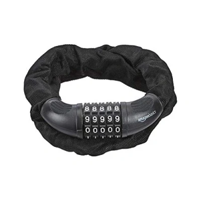 Image de Amazon Basics Serrure à combinaison Anti vol de vélo avec chaîne et cadenas 5 chiffres, 97,2 cm, Lot 1, Noir