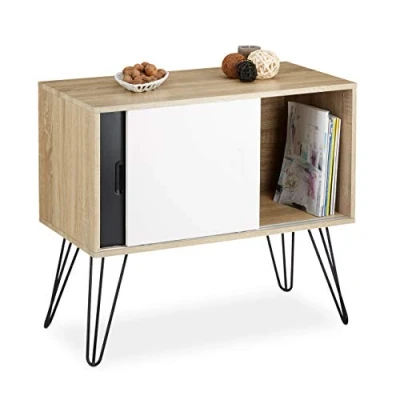 Image de Relaxdays Commode retro design en bois et métal années 60 sideboard meuble rangement scandinave HxlxP: 70 x 80 40 cm, noir blanc