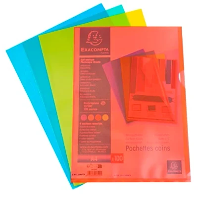 Image de Exacompta Réf. 58509E Sachet de 100 pochettes coins En polypropylène grainé Epaisseur ultra épaisse 12/100ème Format à classer A4 4 couleurs assorties