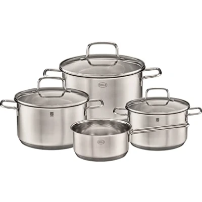 Image de RÖSLE Basic Line Lot de 4 casseroles universelles, 1 casserole en acier inoxydable 18/10, avec couvercle verre et bord verseur, passe au lave vaisselle