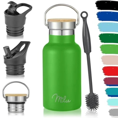 Image de Milu bouteille en acier inoxydable 350ml, 500ml, 750ml, 1l (+3 couvercles) thermo avec paille, d&#039;eau, pour boissons chaudes, froides et gazeuses (Vert pomme, 350ml)