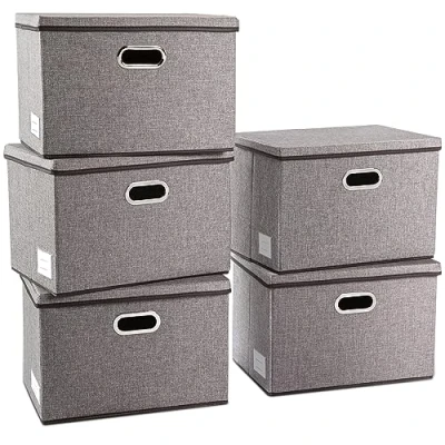 Image de Prandom Grands contenants de rangement pliables avec couvercles [paquet 5] Bacs en tissu lin (45 x 30 cm)