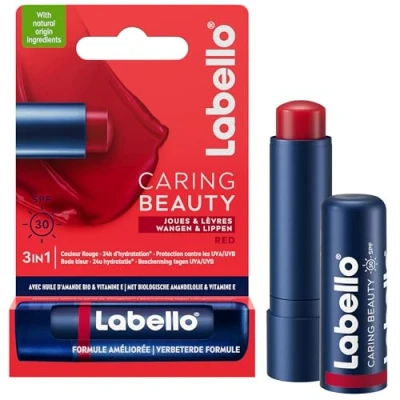 Image de LABELLO Caring Beauty rouge FPS 30 (1 x 5,5 ml), Stick à lèvres au beurre de karité et huile d’amande, Baume la couleur vibrante pour 24 H d’hydratation
