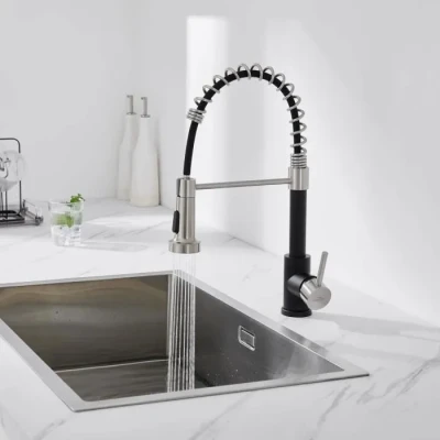 Image de Robinet de Cuisine Noir à Ressort Mitigeur Évier Rotatif 360 en Inox avec 2 Fonctions Douchette Extractible