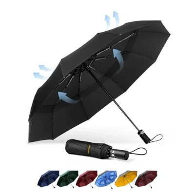 Image de TECKNET Parapluie Pliant Coupe vent, Pour Voyage, Automatique, Grand Résistant au Vent avec 10 Baleines, Golf Solide et Léger, Compact la Pluie, Noir