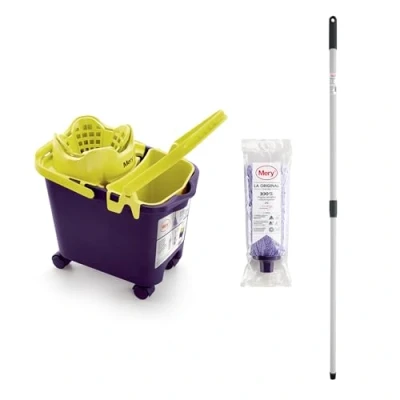 Image de Mery Ensemble Seau+vadrouille+bâton Seau Violet et Citron Vert à roulettes Polyvalent, 14 L Vadrouille absorbante en Microfibre Perche télescopique Acier plastifié