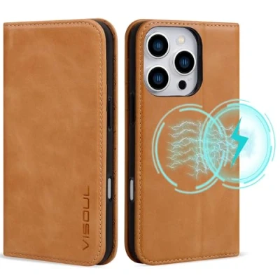 Image de VS VISOUL Étui en Cuir pour iPhone 16 Pro, Housse Portefeuille Véritable avec Porte Cartes Fermeture Magnétique Fonction de Support Compatible Pro (6.3 Pouces) Jaune