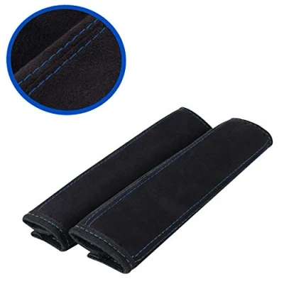 Image de L&amp;P A135 2 Lot de protège ceintures voiture en microfibre douce pour les épaules Noir (2 pièces noires avec coutures blue)