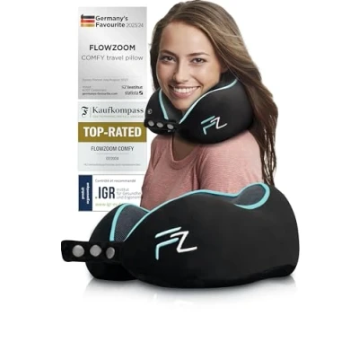 Image de FLOWZOOM Comfy Coussin de Nuque Voyage, pour Adulte, Voyage en Mousse à mémoire Forme, Lavable avec Partie arrière étroite (velouté et Respirant) Réglable, Noir