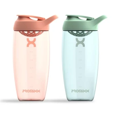 Image de Promixx PURSUIT Lot de 2 bouteilles shaker protéinées sport pour mélanges protéinés et suppléments milkshakes Corail, Vert Jonc Mer, 700ml