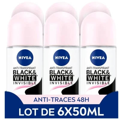 Image de NIVEA déodorant Bille Black &amp; White Invisible (6 x 50ml), femme anti traces blanches et jaunes, transpirant odeur humidité, protection efficace 72 h, sans alcool