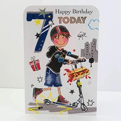 Image de Jonny Javelin Carte d&#039;anniversaire pour 7 Ans Motif garçon sur Trottinette
