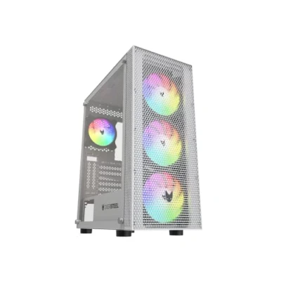 Image de Oversteel Azurite Boîtier PC Gaming compatible avec les cartes ATX, Micro ATX et ITX, 4 ventilateurs 120mm A RGB, façade en maille, installation verticale, verre latéral trempé, USB 3.0, blanc