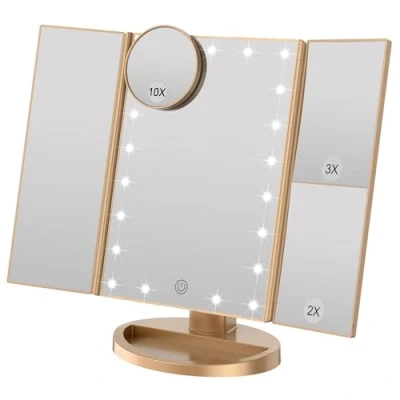 Image de WEILY Miroir de Maquillage, 21 LED et grossissement 2X/ 3X, Interrupteur Tactile pour régler la luminosité, Mode d&#039;alimentation Double à Trois Volets (Or)