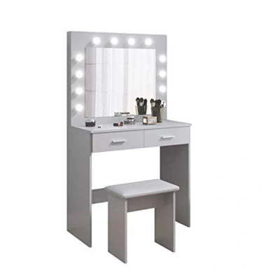 Image de Coiffeuse avec Miroir et Tabouret LED, Hollywood Style Table de Maquillage 2 Grands tiroirs, 80x40x140cm, Gris