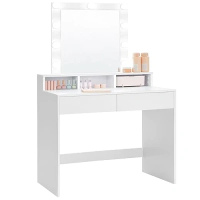 Image de VASAGLE Coiffeuse, Miroir LED à Luminosité Réglable, Table de Maquillage avec Miroir, 2 Tiroirs et 3 Compartiments, Coin Beauté, Style Moderne, Blanc RDT114W01