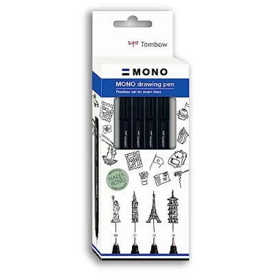Image de Tombow Fineliner MONO drawing pen, set &quot;Fine&quot;, encre pigmentée, résistante à l&#039;eau et la lumière, pour les esquisses, illustrer dessiner, noir, de 4, WS EFL H F 4P