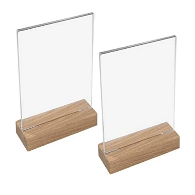 Image de HMF 46942 Présentoir de Table Acrylique avec Base en Bois 2 Pièces DIN A5 Format Portrait Transparent