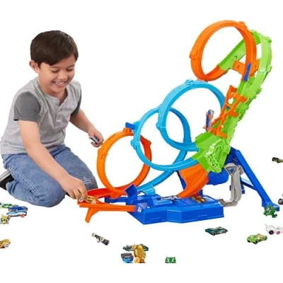 Image de Hot Wheels Coffret Ultra Crash Looping avec 4 loopings, Zone de 3 Voies et propulseur motorisé, se replie pour Le Rangement, Une Voiture Miniature échelle 1/64, HXT06