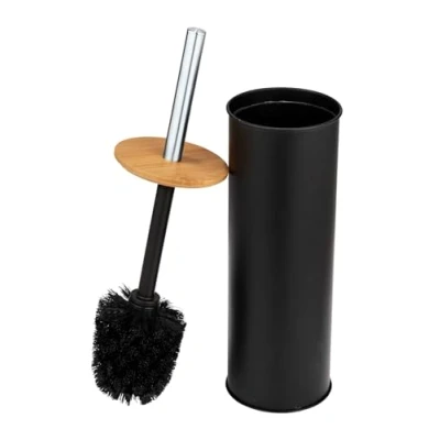 Image de WENKO Garniture WC Tortona, brosse fermée en acier, combinée avec du bambou, Ø 9,5 x 38,5 cm, noir