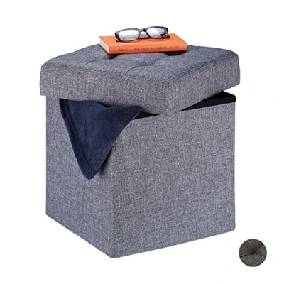 Image de Relaxdays Pouf de Rangement, Pliable, Rembourrage Moelleux, Salon, Tissu, 31 x 36 32 cm, Tabouret, Gris foncé, MDF, Polyester, Mousse, 1 élément