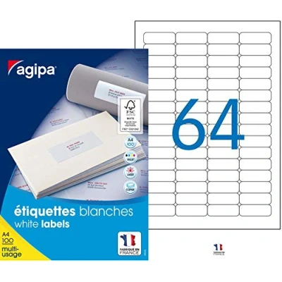 Image de Agipa 102202 Lot de 6400 Etiquettes DIN A4 multi usage arrondis 45,7 x 16,9 mm Blanc