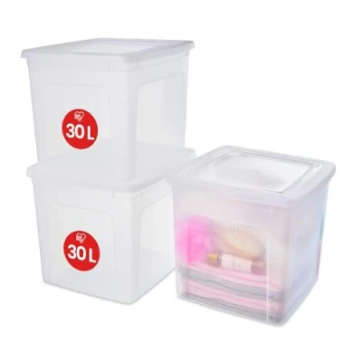 Image de Iris Ohyama, Boite de Rangement Multi Usages, 30L, Lot 3, Fermeture Facile, Empilable, en Plastique Transparent, pour Vêtement, Étagères, École, Organisation, Jouet, Papeterie, Chaussures, MCB 30