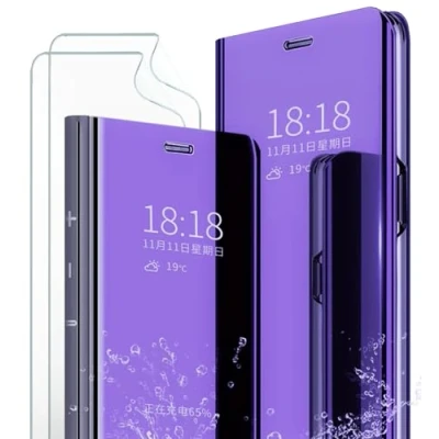 Image de MLOTECH Coque pour Samsung S20 Ultra,étui+Protection Écran [2 Pièces] Flip Clear View Translucide Miroir Standing 360Housse Antichoc Smart Cover Bumper Bleu Violet